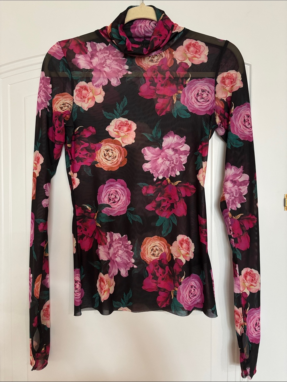 AFRM Floral Mesh Turtleneck Long Sleeve Top - Black with Pink Floral Print